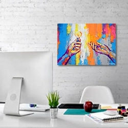 ««Руки 2» Картина изображает метафору для командной работы.» в интерьере светлого офиса с кирпичными стенами