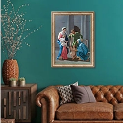 «Священная Семья со Святыми Элизабет и Джоном» в интерьере гостиной с зеленой стеной над диваном