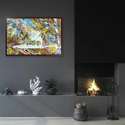 «Абстрактная картина #62» в интерьере гостиной в стиле минимализм с камином