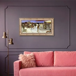 «A Dedication to Bacchus, 1889» в интерьере гостиной с розовым диваном