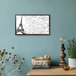 «Париж в Ч/Б рисунках #16» в интерьере в стиле ретро с бирюзовыми стенами