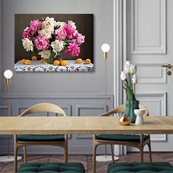 «Цветы в вазе и абрикосы на столе» в интерьере классической кухни у двери
