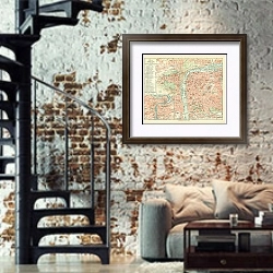 «План Праги и карта Праги с пригородами 1» в интерьере двухярусной гостиной в стиле лофт с кирпичной стеной