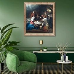 «Поклонение пастухов 8» в интерьере гостиной в зеленых тонах