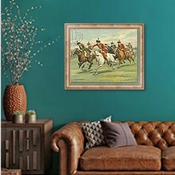 «Races Historic and Modern, Hungarian Horse Races» в интерьере гостиной с зеленой стеной над диваном