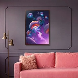 «Большие медузы и водолаз» в интерьере гостиной с розовым диваном