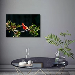 «Красная птица на ветке я красными ягодами» в интерьере современной гостиной в серых тонах
