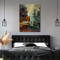 «Пейзаж с радугой над домом» в интерьере современной спальни с черной кроватью
