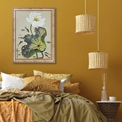 «Белый цветок лотоса и рыбы» в интерьере спальни  в этническом стиле в желтых тонах