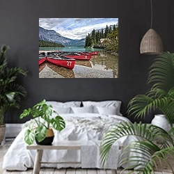 «Красные лодки на берегу озера» в интерьере современной спальни с черными стенами