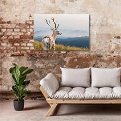 «Пятнистый олень на фоне туманных гор» в интерьере гостиной в стиле лофт над диваном