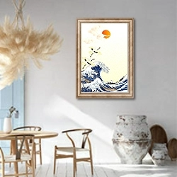 «Большие волны с птицами на восходе солнца» в интерьере столовой в этническом стиле