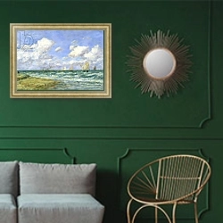 «Marine scene, 1894» в интерьере классической гостиной с зеленой стеной над диваном