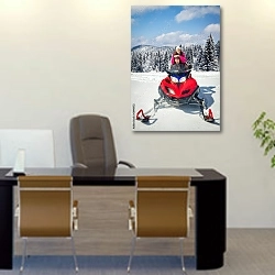 «Молодая пара на снегоходе в лесу» в интерьере офиса над столом начальника