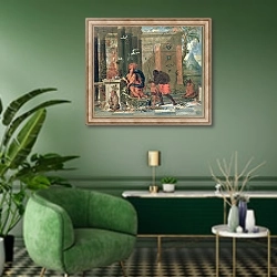 «Allegory of America, 1691» в интерьере гостиной в зеленых тонах