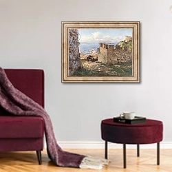 «Trapani and the Aigadian Islands from Castle of Monte San Giuliano» в интерьере гостиной в бордовых тонах