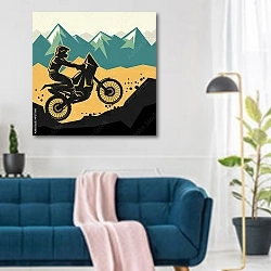 «Мотоциклист на фоне гор» в интерьере современной гостиной над синим диваном