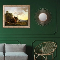«Путешественниеи с собаками» в интерьере классической гостиной с зеленой стеной над диваном
