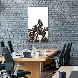 «Мотоциклист на дороге» в интерьере современного офиса с черной кирпичной стеной