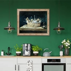 «Still Life with a Basket of Glasses, 1644» в интерьере кухни с зелеными стенами