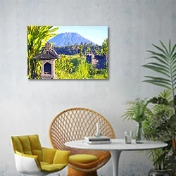 «Вид на гору Агунг, Амед, Бали» в интерьере современной гостиной с желтым креслом