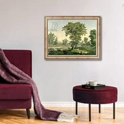 «Landscape, 1846» в интерьере гостиной в бордовых тонах