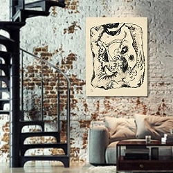 «Drawing for ‘Bild auf hellem Grund’» в интерьере двухярусной гостиной в стиле лофт с кирпичной стеной