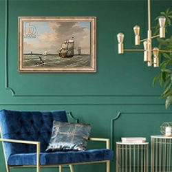 «Ships Leaving Boston Harbor, 1847» в интерьере в классическом стиле с зеленой стеной