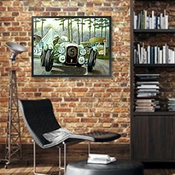 «Автомобили в искусстве 58» в интерьере кабинета в стиле лофт с кирпичными стенами
