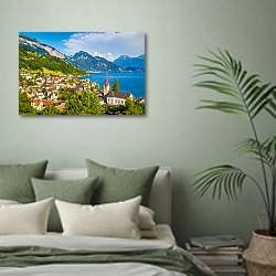 «Швейцария. Веггис на озере Люцерн» в интерьере современной спальни в зеленых тонах