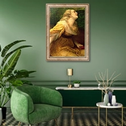 «Noli Me Tangere, c.1534» в интерьере гостиной в зеленых тонах