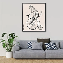 «Кошка на ретро велосипеде» в интерьере гостиной в скандинавском стиле с серым диваном