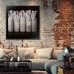 «Wrapped Wine Bottles, 2010» в интерьере гостиной в стиле лофт с кирпичной стеной
