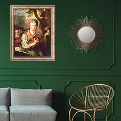 «The Guitar Player» в интерьере классической гостиной с зеленой стеной над диваном