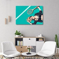 «Теннисистка, лежащая на корте» в интерьере офиса над шкафом с документами