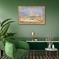 «Quai de la Tournelle and Notre-Dame de Paris, 1884» в интерьере гостиной в зеленых тонах