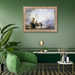 «Hog Boat on the Sands, Brighton» в интерьере гостиной в зеленых тонах