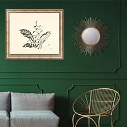«Trois grues derrière de grandes feuilles.» в интерьере классической гостиной с зеленой стеной над диваном