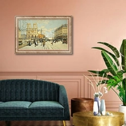 «Figures on a Sunny Parisian Street, Notre Dame at left,» в интерьере классической гостиной над диваном