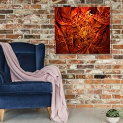 «Красные листья» в интерьере в стиле лофт с кирпичной стеной и синим креслом