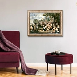 «William Penn's Treaty with the Indians in November 1683, 1771-72» в интерьере гостиной в бордовых тонах