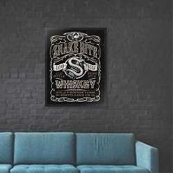 «Ретро плакат. Виски» в интерьере в стиле лофт с черной кирпичной стеной