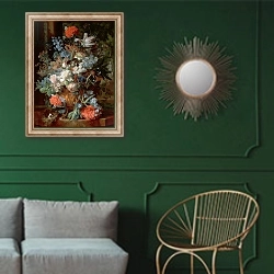 «Bouquet of Flowers in a Landscape» в интерьере классической гостиной с зеленой стеной над диваном