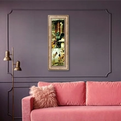 «In the Roman Baths, or Roman Women In The Bath, 1876» в интерьере гостиной с розовым диваном