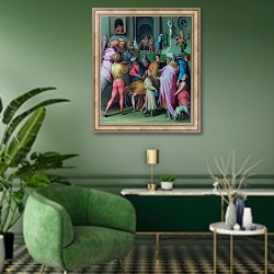 «Иосиф продается Потифару» в интерьере гостиной в зеленых тонах