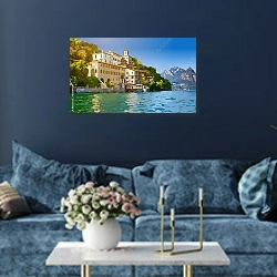 «Швейцария. Вид на озеро Лугано 1» в интерьере современной гостиной в синем цвете