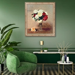 «Roses in a Vase with Stem» в интерьере гостиной в зеленых тонах