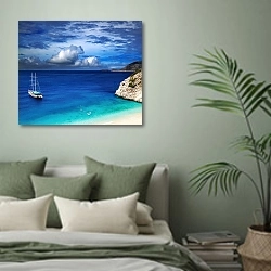 «Корабль в голубой лагуне, Турция» в интерьере современной спальни в зеленых тонах