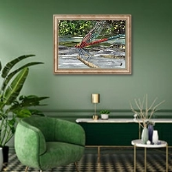 «Red Dragonfly» в интерьере гостиной в зеленых тонах