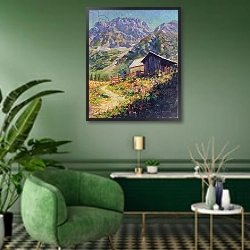 «Haute Alpes, France» в интерьере гостиной в зеленых тонах